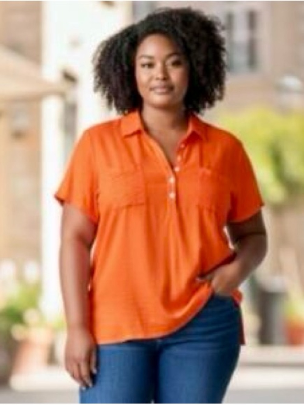 J. Jill Short-Sleeve Button-Front Top in Bright Orange size large